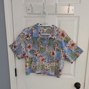 Self Esteem Blue and Pink Button Down Shirt with Tropical Print